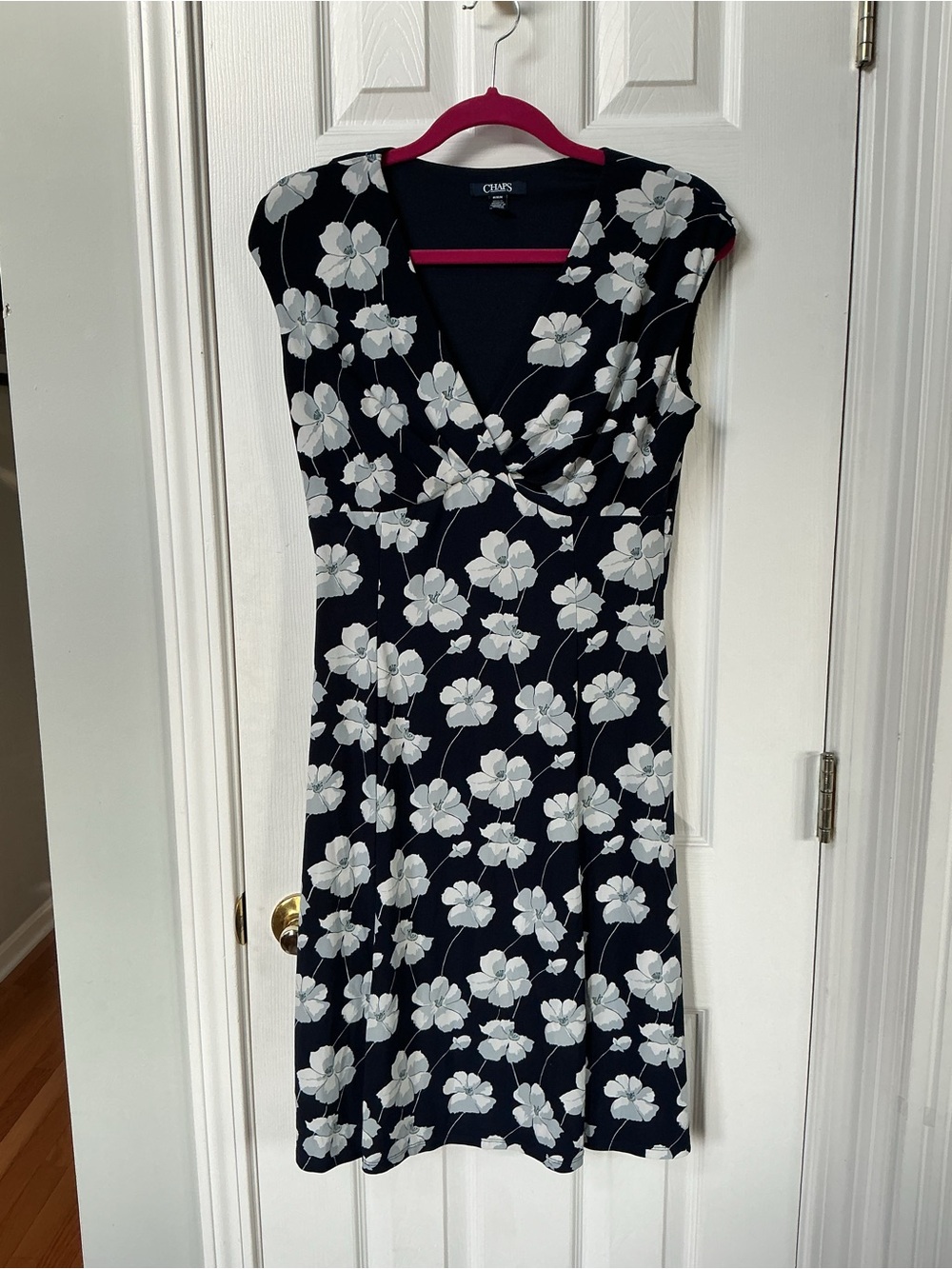 Chaps Navy and White Floral Twist-Front Midi Dress